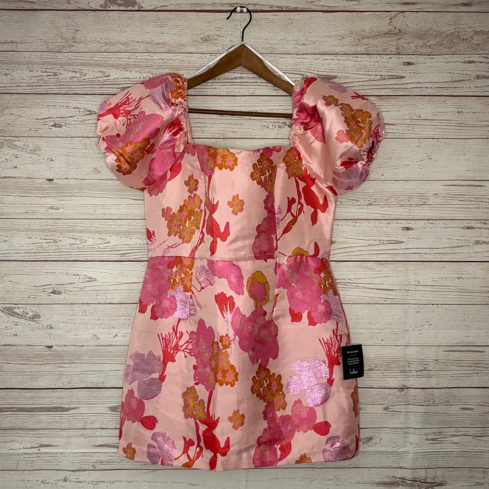 Lulus So Stunning Light Pink Floral Jacquard Puff Sleeve Mini Dress Size L NWT